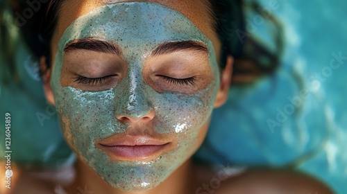 Woman enjoying refreshing facial mask on her face, sitting outside in garden or by pool on sunny day. She relaxing taking care of her skin, emphasizing importance of self-care during summer season photo