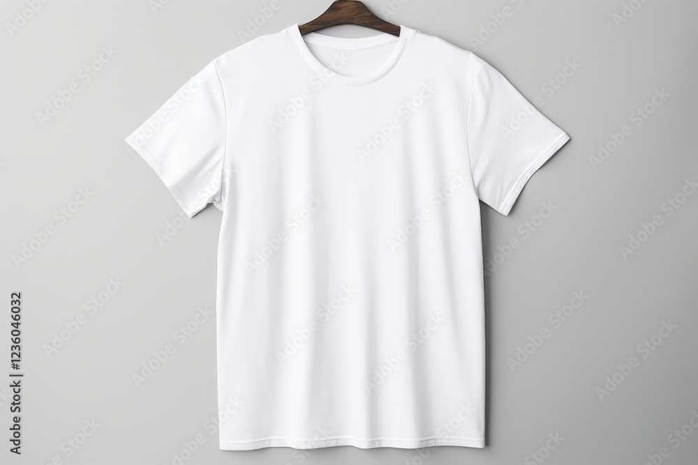 Plain White Shirt Mockup Displayed on Wooden Hanger Against Neutral Background for Product Presentation and Design Purposes Plain White Shirt Mockup Displayed on Wooden Hanger Against Neutral Background for Product Presentation and Design Purposes