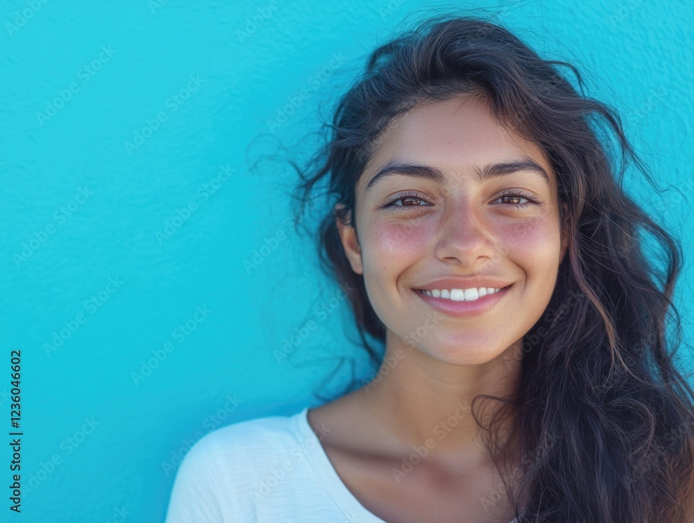 Radiant Youth with Smile against Turquoise Wall Radiant Youth with Smile against Turquoise Wall