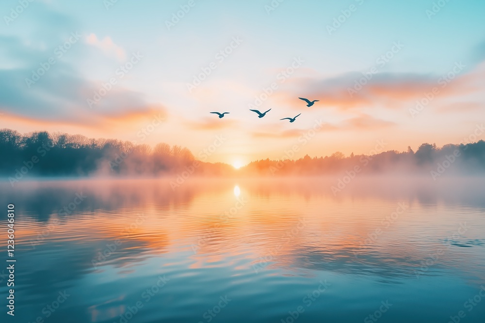 Serene lakeside sunrise with mist rising and birds gliding over calm water Serene lakeside sunrise with mist rising and birds gliding over calm water