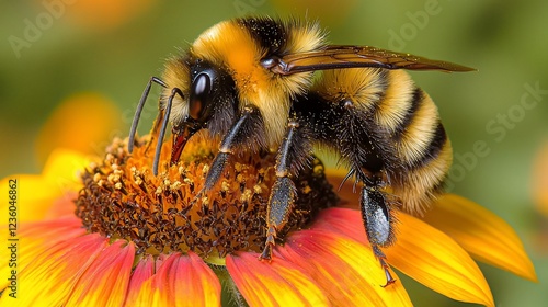 Close-up of a fuzzy bumblebee pollinating a bright orange and yellow flower.
