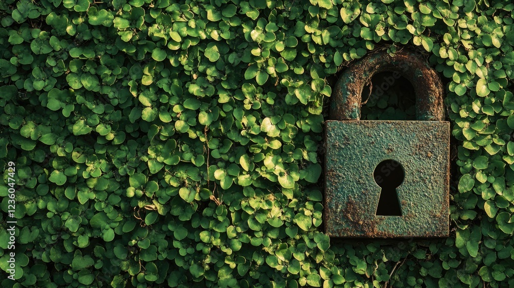 Metallic Padlock Surrounded by Green Vines Metallic Padlock Surrounded by Green Vines