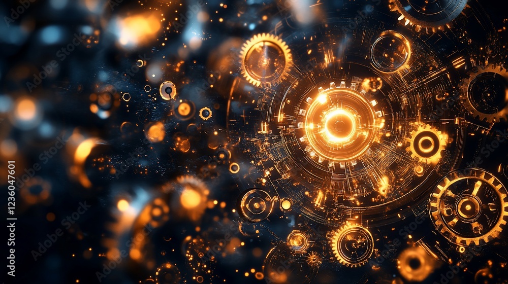 Abstract futuristic digital gears background with glowing orange elements Abstract futuristic digital gears background with glowing orange elements