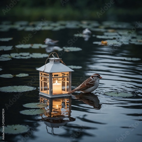 A white sparrow perching on a floating lantern drifting on a tranquil lake.