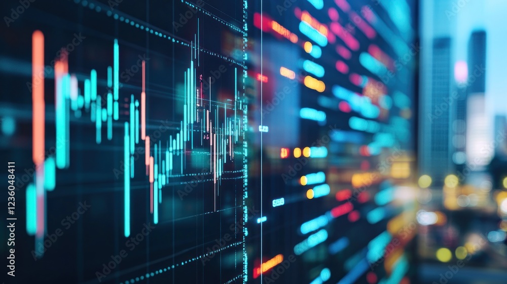 Night city stock market data display screen Night city stock market data display screen