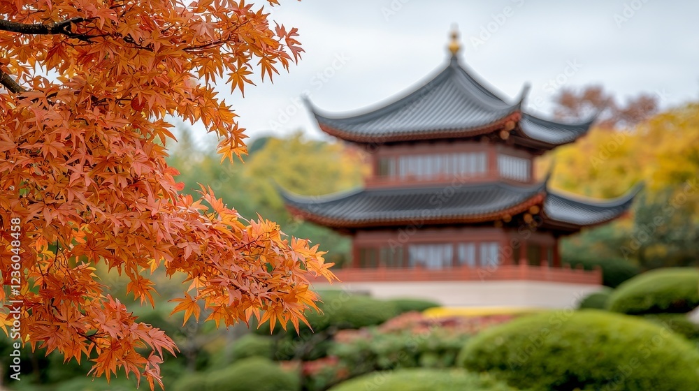 Autumnal Orange Maple Leaves and Pagoda in a Serene Garden Autumnal Orange Maple Leaves and Pagoda in a Serene Garden