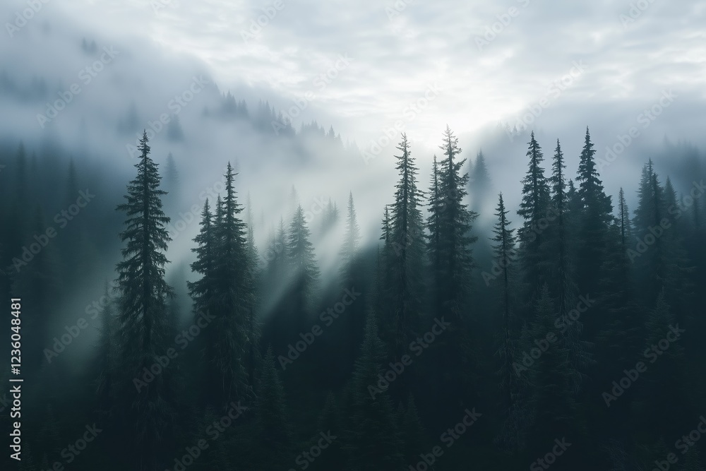 Tranquil sunrise illuminates a foggy forest landscape with tall pine trees Tranquil sunrise illuminates a foggy forest landscape with tall pine trees
