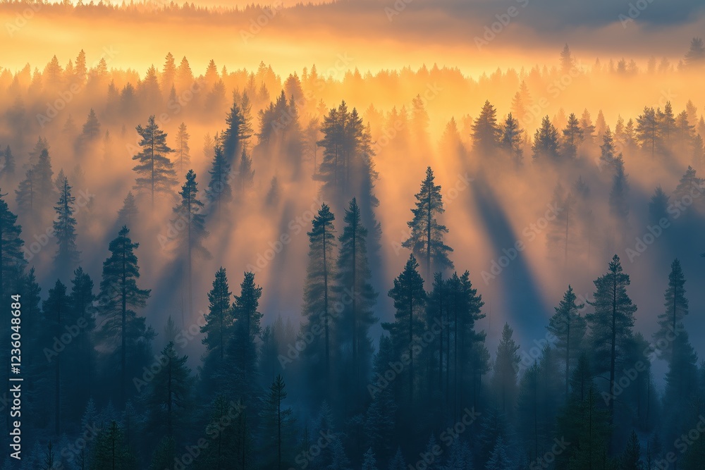 Obraz premium Tranquil sunrise over a foggy forest creating a serene atmosphere