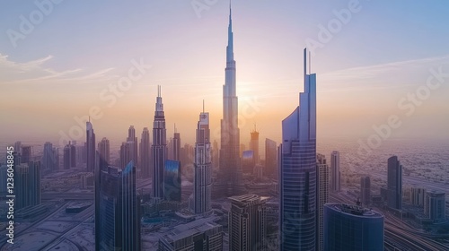 Sunrise Dubai skyline aerial view, cityscape, skyscrapers, travel, tourism