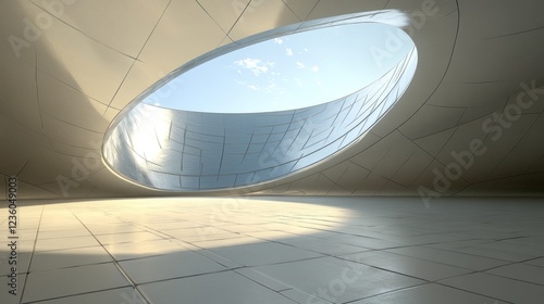 Oval skylight, modern interior, sunlight, architectural render, design