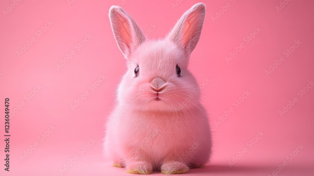 Obraz premium Pink bunny sits, pink background, Easter
