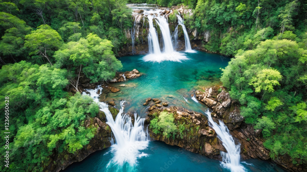 Obraz premium Aerial view of a waterfall in green mountains