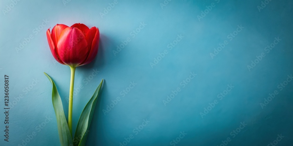 A single red tulip stands tall against a vibrant blue backdrop, its petals gracefully unfurling, showcasing the beauty of simplicity and natural elegance. A single red tulip stands tall against a vibrant blue backdrop, its petals gracefully unfurling, showcasing the beauty of simplicity and natural elegance.