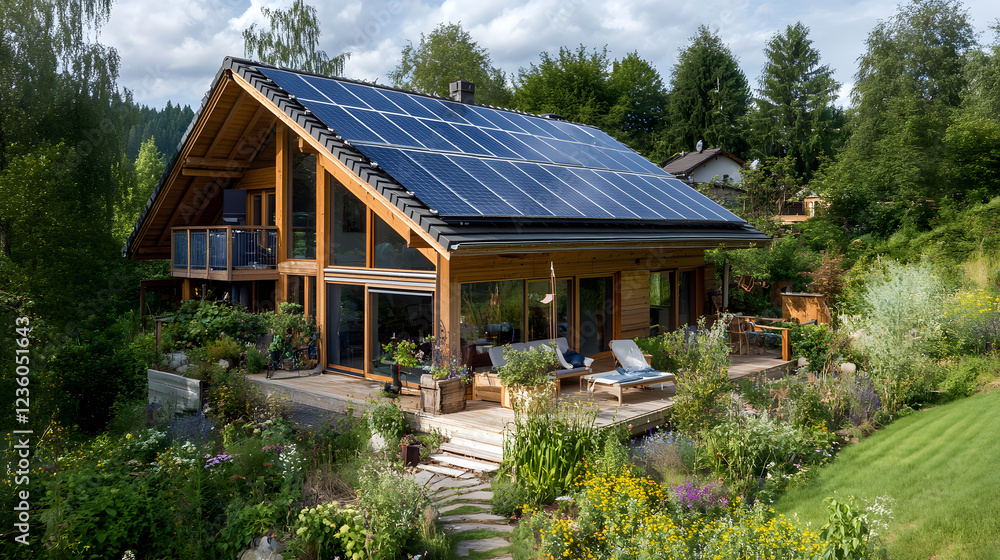 A solar-powered single-family house with a natural garden, offering sustainable living surrounded by pristine nature and reducing environmental impact. A solar-powered single-family house with a natural garden, offering sustainable living surrounded by pristine nature and reducing environmental impact.