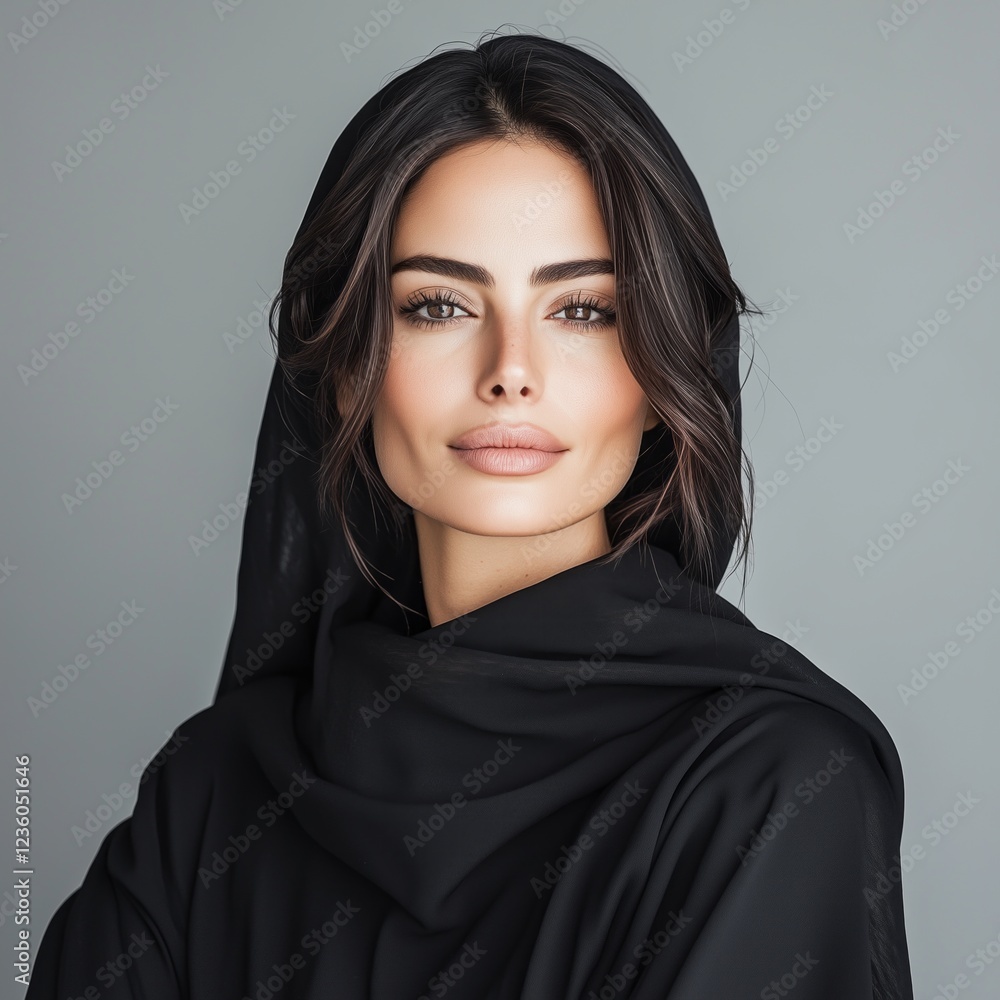 Elegant portrait of a confident woman wearing a black hijab, exuding beauty, strength, and sophistication against a neutral gray background. Elegant portrait of a confident woman wearing a black hijab, exuding beauty, strength, and sophistication against a neutral gray background.
