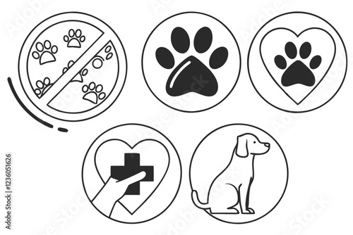  Animal rights icons, line drawings, black and white, minimalist design, paw prints, hearts, pets, wildlife, veterinary symbols, adoption, rescue, protection, animal welfare, circular icons, vector gr