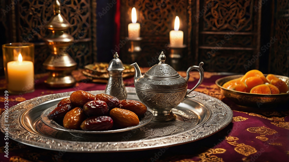 Naklejka premium Ramadan table setting, with tea and dates