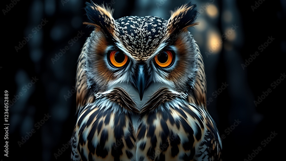 Obraz premium Intense Gaze of a Majestic Owl in a Dark Forest 