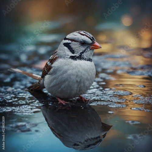 A white sparrow with shimmering feathers reflecting the colors of a dreamscape.