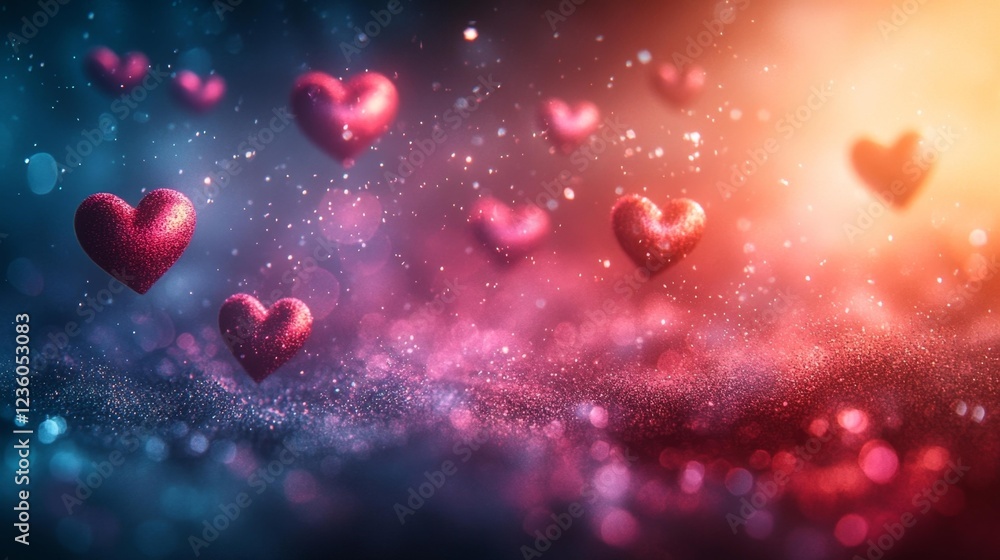 Glittering hearts on a colorful bokeh background. Generative AI Glittering hearts on a colorful bokeh background. Generative AI