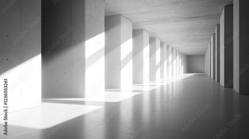 Fototapeta premium Sunlit concrete corridor, minimalist architecture, interior design, daytime