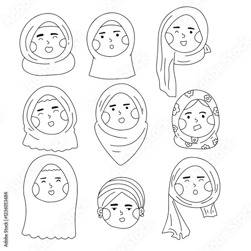 set of popular muslim kids hand drawing black color. coloring book.