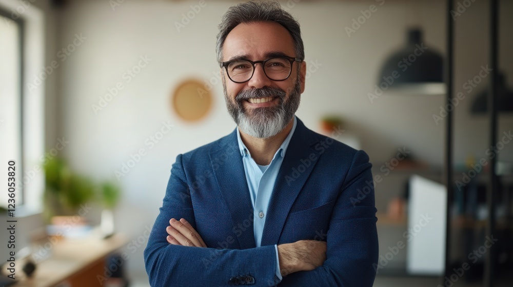 Fototapeta premium Smiling businessman office portrait, arms crossed, blurred background, professional headshot
