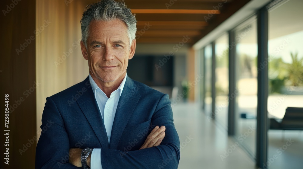 Fototapeta premium Confident businessman smiling, modern hallway, luxury home, business portrait