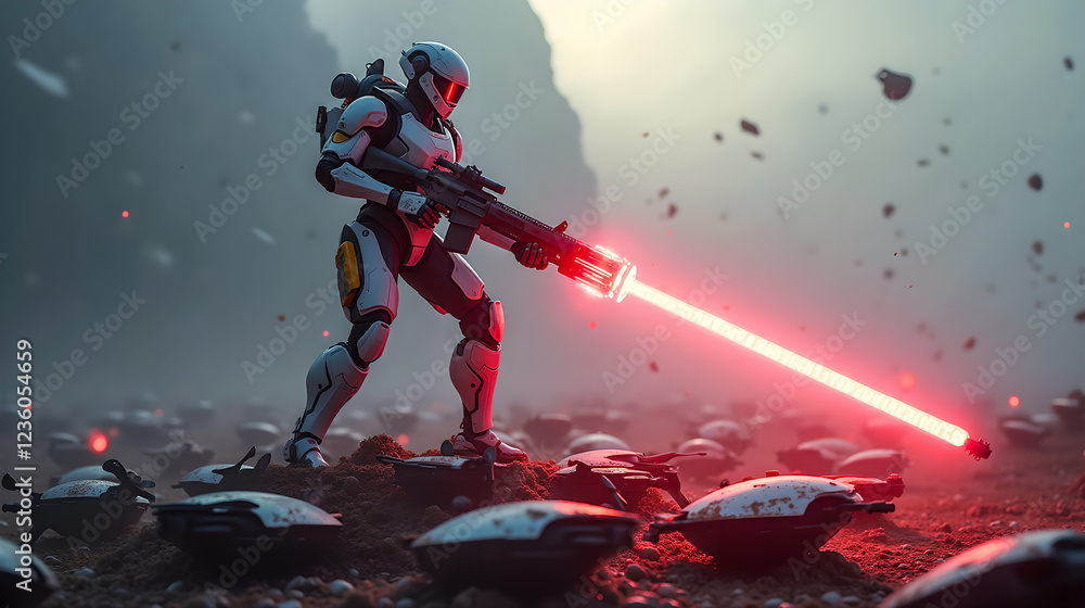 A cybernetic warrior standing atop a pile of destroyed combat drones, wielding an energy rifle that emits a pulsating red glow, symbolizing the fusion of technology and warfare in a dystopian future A cybernetic warrior standing atop a pile of destroyed combat drones, wielding an energy rifle that emits a pulsating red glow, symbolizing the fusion of technology and warfare in a dystopian future