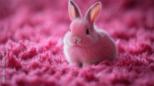 Pink bunny sits on plush pink rug, studio shot, Easter photo