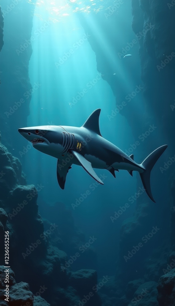 Fototapeta premium A majestic shark glides through clear blue waters, illuminated by sun rays. This captivating underwater scene is perfect for marine conservation or adventure-themed projects.