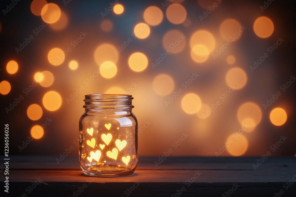 glass jar with glowing heart shapes on rustic wooden bg bokeh glass jar with glowing heart shapes on rustic wooden bg bokeh