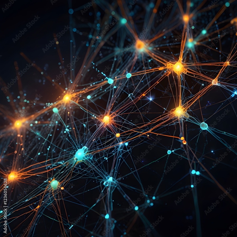 Fototapeta premium Neural network with glowing circuits connecting large data nodes 