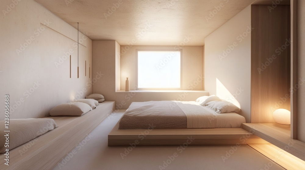 Fototapeta premium Minimalist Modern Bedroom Interior Design with Natural Light and Wooden Platform Bed