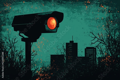 Surveillance camera overlooking a dark cityscape highlighting concerns about cybersecurity and internet safety