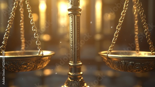 Golden scales of justice in courtroom, sunlight