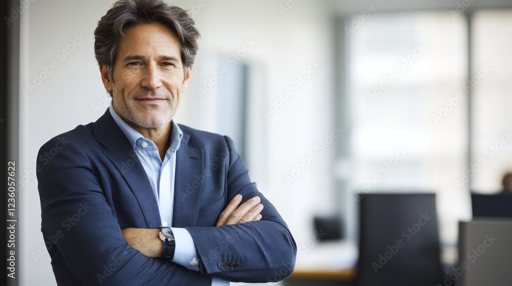Confident businessman smiling, office background, portrait Confident businessman smiling, office background, portrait
