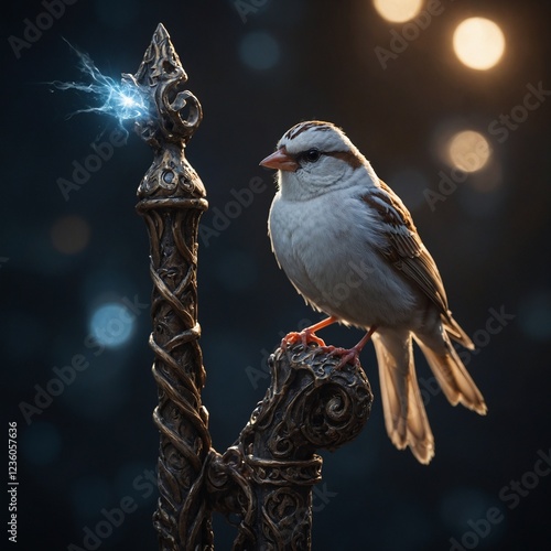A white sparrow perching on the glowing tip of a wizard’s staff.