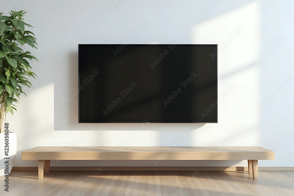 Fototapeta premium Living room led tv on white wall with wooden table empty interrior
