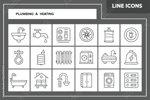  A grid of 50 simple line drawings of various plumbing and heating icons, each icon is a minimalist black line drawing on a white background. The icons include a faucet, toilet, showerhead, radiator, 