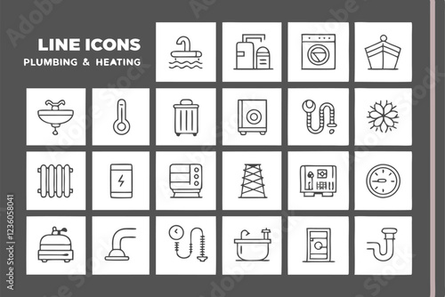  A grid of 50 simple line drawings of various plumbing and heating icons, each icon is a minimalist black line drawing on a white background. The icons include a faucet, toilet, showerhead, radiator, 