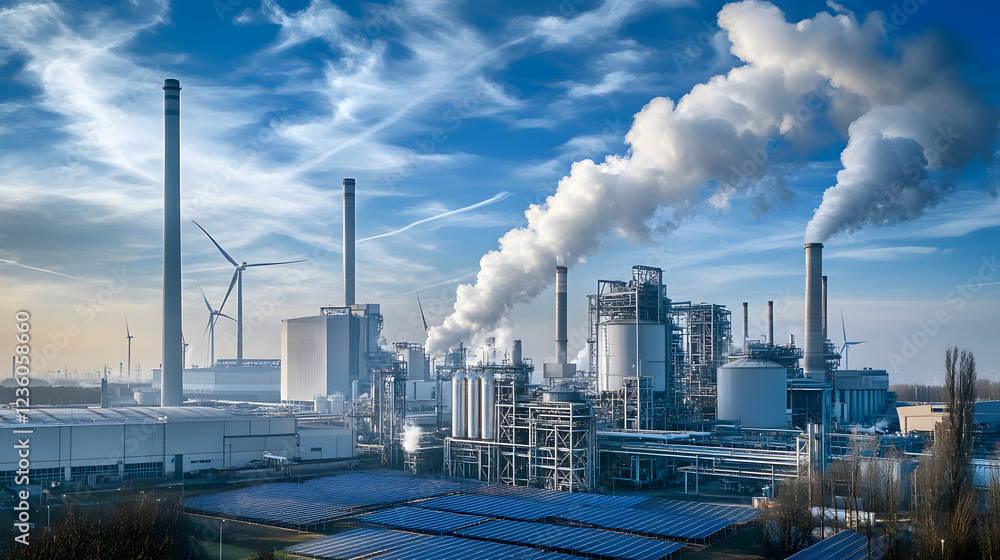 A sophisticated industrial energy park featuring both wind turbines and solar panels as key components of a renewable energy infrastructure. A sophisticated industrial energy park featuring both wind turbines and solar panels as key components of a renewable energy infrastructure.