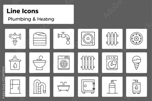  A grid of 50 simple line drawings of various plumbing and heating icons, each icon is a minimalist black line drawing on a white background. The icons include a faucet, toilet, showerhead, radiator, 