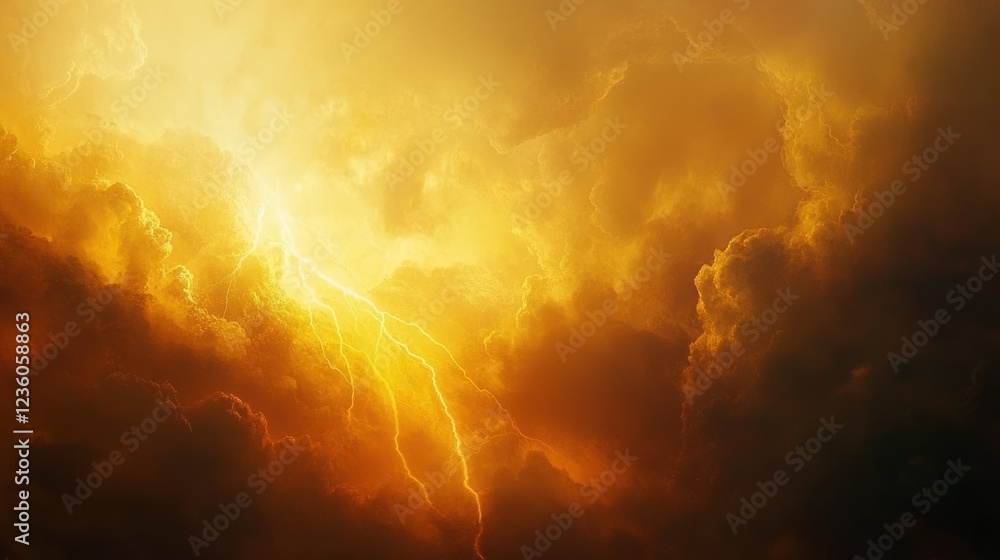 Fiery lightning strikes apocalyptic sky; dramatic background for design