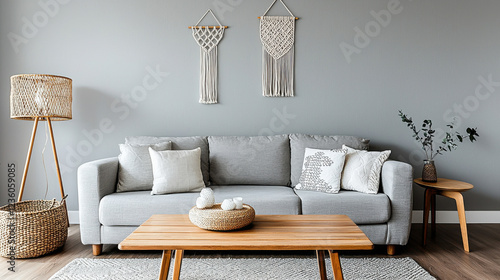 Cozy living room with modern decor, featuring a gray sofa and elegant accessories.