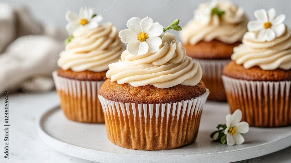 Close-up of three delicate vanilla cupcakes adorned with white flowers and creamy frosting Close-up of three delicate vanilla cupcakes adorned with white flowers and creamy frosting