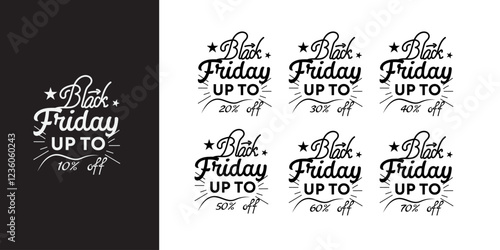 A set of typographic Black Friday sale labels with vintage calligraphy. Includes discounts for 10, 20, 30, 40, 50, 60, and 70 percent off. Vector illustration.