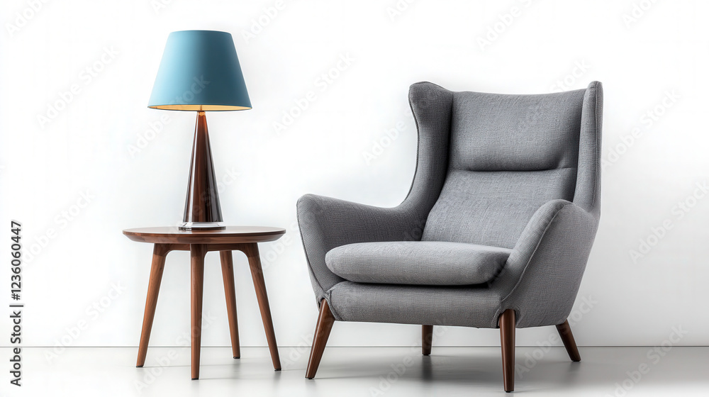 Obraz premium Grey sofa chair, wooden frame desk lamp