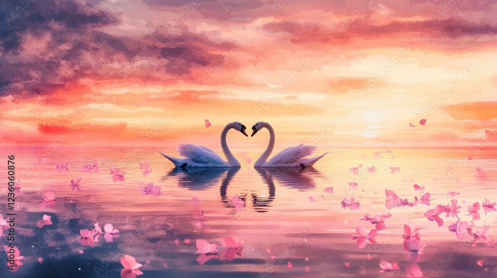 Fototapeta premium Dreamy watercolor lake reflecting a vibrant sunset with silhouettes of swans forming a heart shape, surrounded by soft pink petals floating on the water.