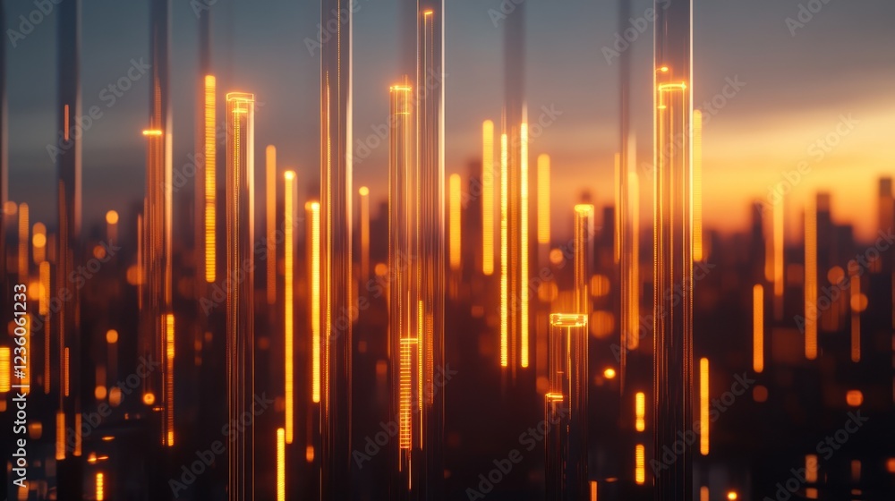 Glowing city skyline data streams sunset abstract Glowing city skyline data streams sunset abstract